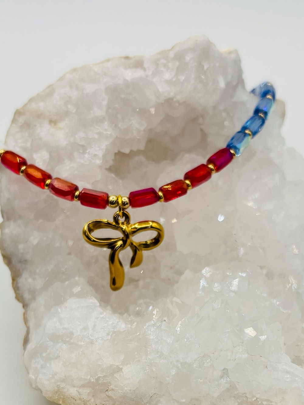 *ANKLET* S.Steel Gold Bow & AB Red White Blue Glass Stretchy Anklet - Picture 5 of 6